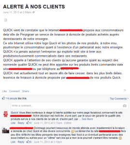 L’information des clients sur Facebook est essentielle pour désamorcer des crises touchant la réputation de Quick.