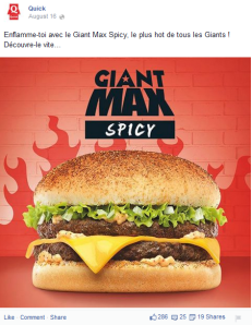 Sur Facebook, Quick met en avant ses nouveaux produits. Le message tourne autour du goût.