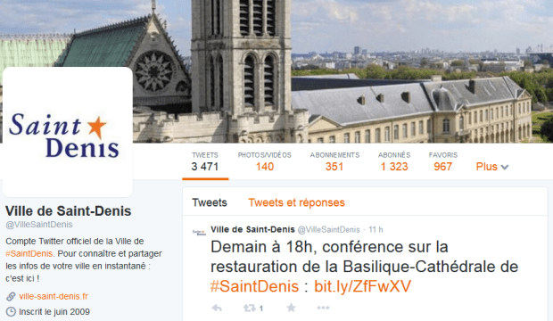 La cover Twitter montre la basilique de Saint-Denis, cœur de la ville et point de repère pour tous les habitants.