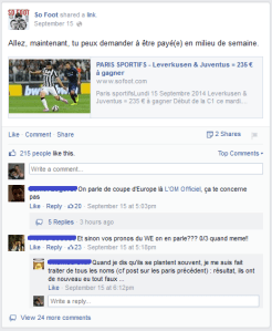 La page Facebook permet de mettre en avant les pronostics sportifs, un point fort de la présence numérique de So Foot