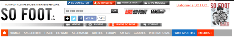 Le site Web, au coeur de la stratégie numérique de So Foot, renvoie discrètement vers les pages Facebook, Twitter et Google+ (mais pas Instagram)